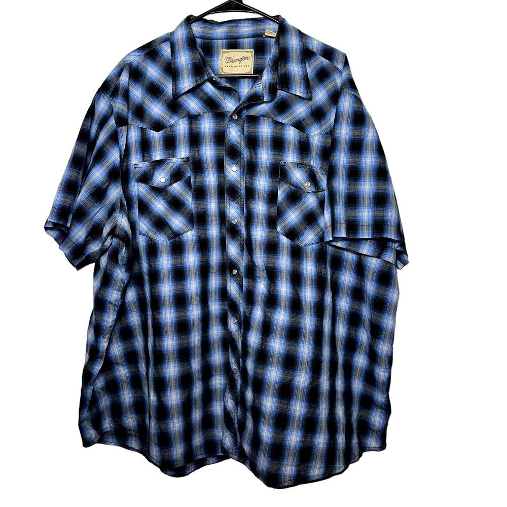 Wrangler Blue Plaid Men's Western Pearl Snap Short Sleeve Button Down Size‎ 3XL
